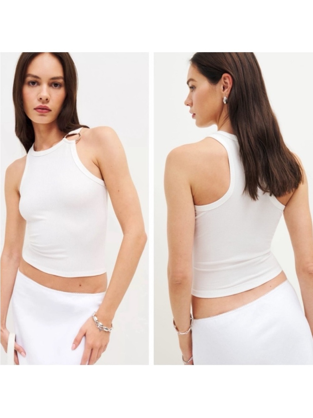 Reformation White Ribbed Tank with Shoulder Ring